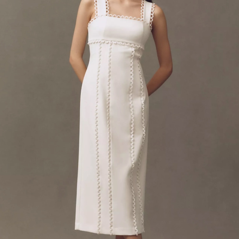 BHLDN Sleeveless Square-Neck Scallop-Trim Slim Midi Dress in White Dahlia (NWT)